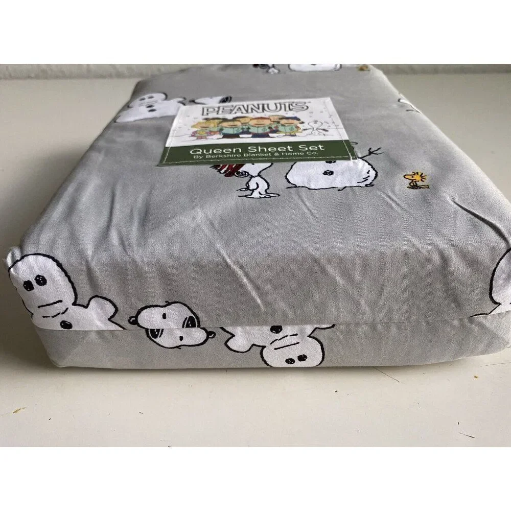 Peanuts‎ Snoopy Woodstock QUEEN SIZE Sheet Set Christmas Snowman Winter Grey NEW